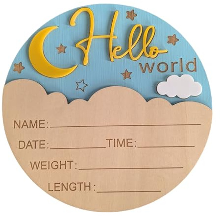 Mond gemusterte Baby-Geburtsankündigungstafel aus Holz, Souvenir mit Geburtsdetail, Raum, für neue Eltern, 15 cm Durchmesser, Krankenhaus-Kindergarten und Neugeborene