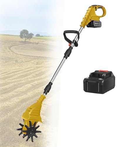 Electric Tiller Cultivator, 25cm Tilling Depth and 20cm Tilling Width, 270RPM High Speed, with 4000mAh Battery, for Farm, Park, Garden, Turn Soil,Yellow-DualBlades-1battery