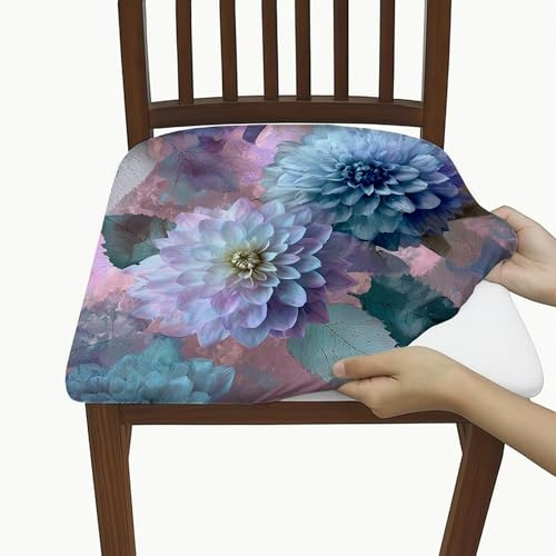Lot de 6 housses de chaise élégantes à motif floral extensible en élasthanne avec imprimé dahlia bleu, housses décoratives lavables pour décoration de maison, salle à manger