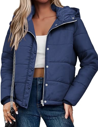 Zeagoo Chaqueta de invierno para mujer, abrigos de invierno cálidos, abrigos acolchados ligeros, abrigo corto, parka de invierno, chaqueta de entretiempo con capucha S-XXL, azul, L