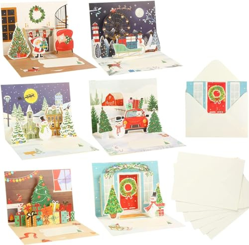 LOMIMOS 6 Stück 3D-Weihnachtsgrußkarte mit Umschlägen, Pop-Up-Karte, Weihnachten, Frohe Weihnachten, Karten, Baum, Rentier, Wunsch-Set für Familie Freunde Geschenk