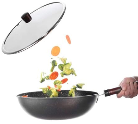 Aioneer Sartén Wok Antiadherente con Tapa De Vidrio Templado, Mango Resistente A Altas Temperaturas, Sartén De Hierro para Cocinas De Gas, Inducción Y Eléctricas, Fácil De Limpia
