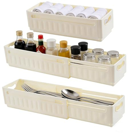 BUERPINKING Aufbewahrungsbox Kunststoff Klappkiste, Klein Einziehbare Schublade Aufbewahrungsbox, 28-48×8×10cm Aufbewahrungs box Küchenschrank für Küche, Bad, Büro, Schrank, Schublade (3)