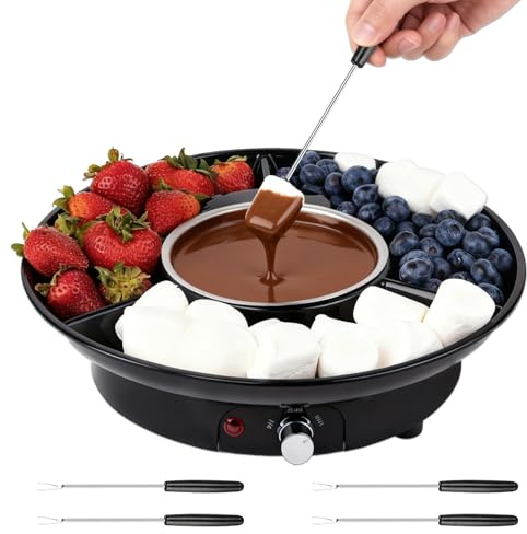 Set de Fondue de Chocolate Eléctrico, Olla de Chocolate de 280 ml con 2 Niveles de Temperatura, Recipiente de Aluminio Extraíble, Bandeja de Servicio y 4 Tenedores, Ideal para Noches Románticas