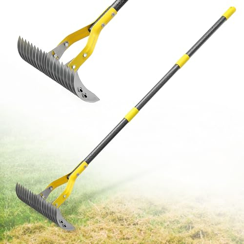 Thatch Rake, 15-Inch Wide Manual Dethatcher Rake for Cleaning Dead Grass, Loosening Soil, 55 Efficient Steel Metal Dethatching Rake with Long Adjustable Handle, Thatch Rakes for Lawns, Yard, Garden