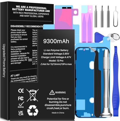 WAEUUKKPO Batterie pour iPhone 13 Pro, 9300mAh (2026 Nouvelle Version) Haute Capacité Batterie de Remplacement pour modèle A2639 A2640 A2636 A2638 avec kit d'outils de Remplacement