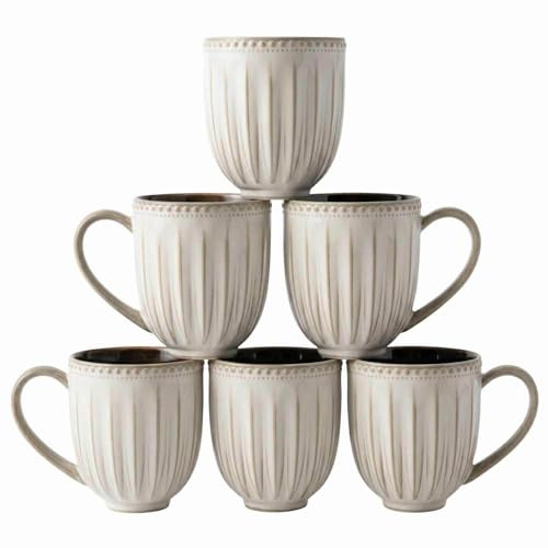 superyes Reactive Glaze Ceramic Coffee Mug, Vintage White Ribbed Porcelain Cup with Fluted Texture, Two-Tone Artistic Tea Mug, 12 oz, Set of 6, Microwave Safe