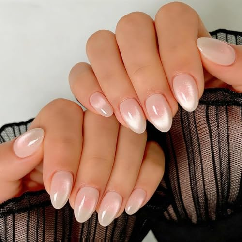 KQueenst Cat Eye Ombre Pink Press on Nails Short Oval, French False Nails with a Sparkle Finish, Glazed Gel Glue on Nails Press Ons Short, Cute Chrome Design, 30 Pcs 15 Sizes Reusable Thick Nail Set