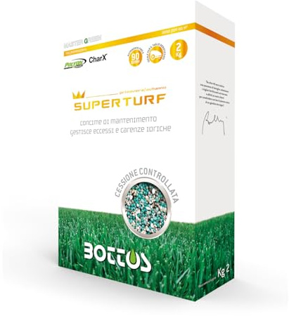 Concime Fertilizzante per Prato Super Turf 22-0-9, da Kg 2 Bottos - Arricchito con Charx