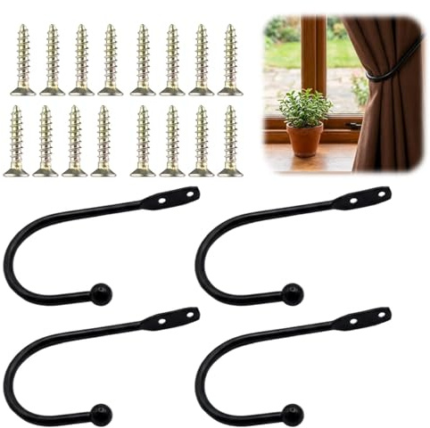 Curtain Tie Backs, Black Curtain Holdbacks, Set of Four Curtain Tie Back Hooks for Window Drapes, Decorative Tiebacks for Curtains, Black Tie Backs for Home Decor