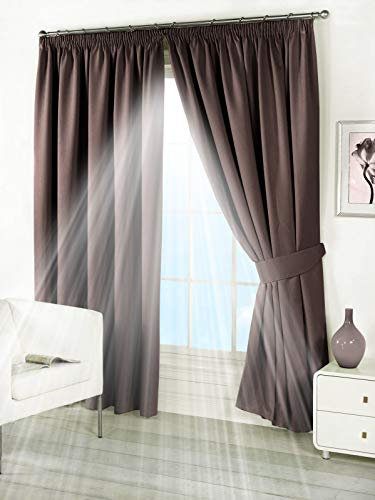 Pair of Chocolate Brown 46 Width x 54 Drop, Supersoft Thermal Blackout Pencil Pleat Tape Top Curtains Readymade Bedroom Curtain Inc FREE Pair of Tie Backs, 'Winter Warm but Summer Cool' by VICEROYBEDDING