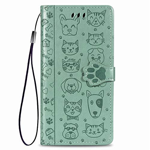 Fertuo Hülle für iPhone SE 2022/2020, Handyhülle Leder Flip Case Tasche mit Kartenfach, Magnet und Standfunktion [Katze Hund Muster] Schutzhülle Cover für Apple iPhone SE 2020/8 / 7, Grün