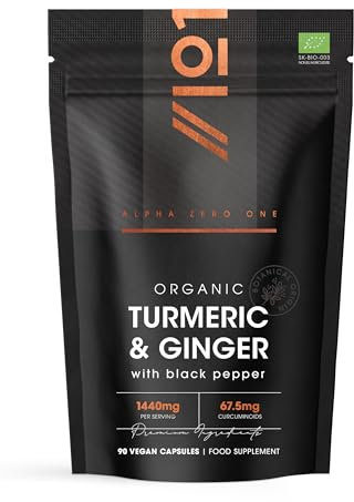 Organic Turmeric 1440mg with Ginger & Black Pepper - High Strength Curcuminoids - 90 Vegan Capsules - Resealable and Recyclable Pouch - by Alpha01