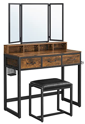 VASAGLE Sminkbord med Pall och 3-Delad Vikbar Spegel, 3 Lådor | 90 x 40 x 141 cm, för Sovrum, Rustik brun, DACEY Kollektion RVT004B01
