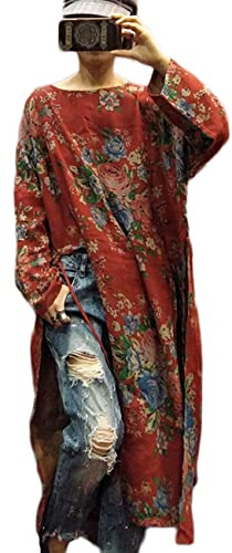 NFYM Women Vintage Floral Print Dress Cotton Long Sleeve Side High Split Drawstring Loose Robe Dress, Red Floral, One Size