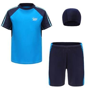 Kaerm barn pojke baddräkt badmode tredelad kortärmad UV-skydd badset motiv rash guard skjorta stretch badshorts med badmössa strandkläder, blå, 152-158