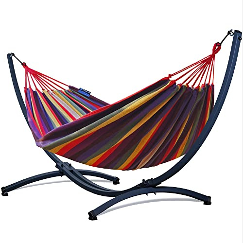 Potenza Amaca da Giardino con Supporto in Acciaio Sabbiato e Verniciato | Amaca Doppia per 2 Persone | 220x160 cm | Portata 220 kg | Testata fino a 350 kg | Prodotto in UE | Multicolore