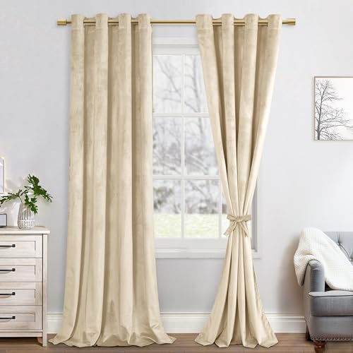JIUZHEN Verdunklungsvorhang Samt Gardine Vorhang Blickdichte Thermovorhänge | 2er Set Grün Samtvorhang mit Ösen Vorhänge Deko Schlafzimmer Wohnzimmer,140x260cm (BXH),Beige