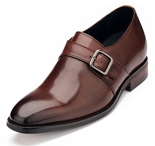 CALTO Men's Invisible Height Increasing Elevator Shoes - Coffee Brown Leather Slip-on Monk-Strap Dress Loafers - 2.8 Inches Taller - Y7255 - Size 12 D(M) US