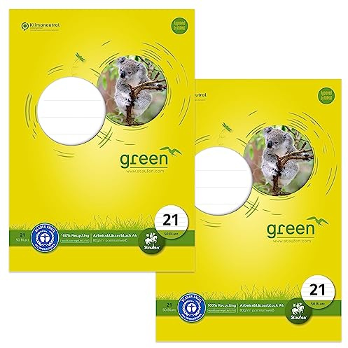Staufen Green Arbeitsblätterblock - DIN A4, Lineatur 21 (9 mm liniert), 2 Blöcke je 50 Blatt, 4-fach Lochung, 80 g/m² Recyclingpapier