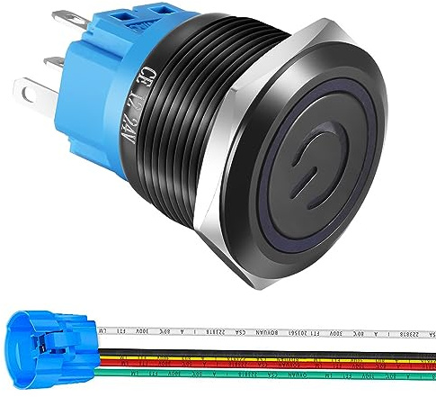 Gebildet 22mm 12V-24V/5A Interrupteur à Bouton-Poussoir à Verrouillage en Acier Inoxydable Symbole d'alimentation 1NO1NC SPDT Interrupteur à Bascule Etanche avec Prise de Fil (LED Bleue/Coque Noire)
