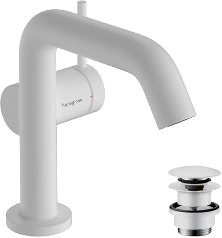hansgrohe Tecturis S Fine - Waschtischarmatur mit Push-Open Ablauf, energiesparend (CoolStart), Wasserhahn Bad mit Auslauf Höhe 110mm, Mischbatterie Waschbecken wassersparend (EcoSmart+), Mattweiß