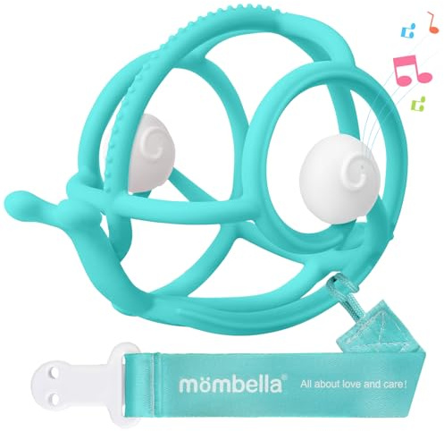 Mombella 2 in 1 Schnecke Baby Beißring & Rassel Spielzeug 3-18 Monate mit Cilp, Beißspielzeug für Babys9 Monate alt, weiches Silikon Kleinkind Kauspielzeug, BPA FREE Neugeborenen Geschenk, Teal
