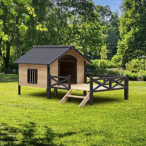 Tzou Outdoor Holzhütte Haus Stil Holz Hundehütte mit Veranda Outdoor Hundehütte Wetterfest Hundehütte für mittelgroße/kleine Hunde Braun