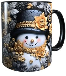 Druck-66 Weihnachtstasse Schneemann Gold Schwarz 3D Keramik Tasse Rund Edel