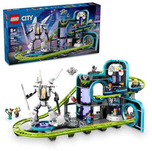 LEGO City Robot World Roller-Coaster Park Adventure Toy, Arcade Themed Roller Coaster Set with Posable Mech Action Figure and 8 Minifigures, Creative Gift for Boys, Girls and Kids Ages 8 and Up, 60421