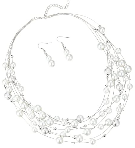 FULU AUTUMN Boho Perlenkette Damen Silber Statement Kette Mehrreihige Modeschmuck Geburtstagsgeschenk für Frauen
