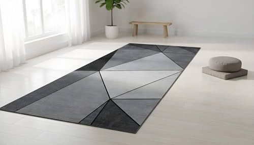 LIKE IT MORE Modern Teppich für Wohnzimmer, Schlafzimmer, Küche und Flur - Waschbarer Rutschfester Teppichläufer - Großer Teppich Läufer Beige Grau Blau Weiß 80x300 (Merkur Grauschwarz)
