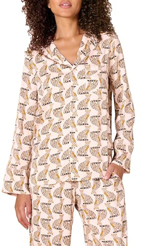Amazon Essentials Women's Regular-Fit Long-Sleeve Satin Sleep Shirt Only (Pants Sold Separately), Pale Pink Blush Leopard, X-Large
