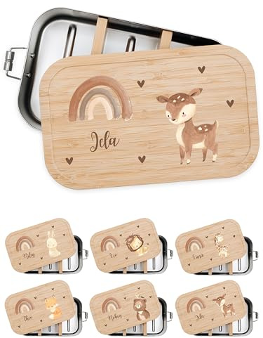 Bärenfreunde® - Personalisierte Brotdose für Kinder mit Spezial-Druck - Robuste Edelstahl Brotdose - Personalisierte Geschenke für Kinder & Erwachsene (Reh,klein Weißblech)