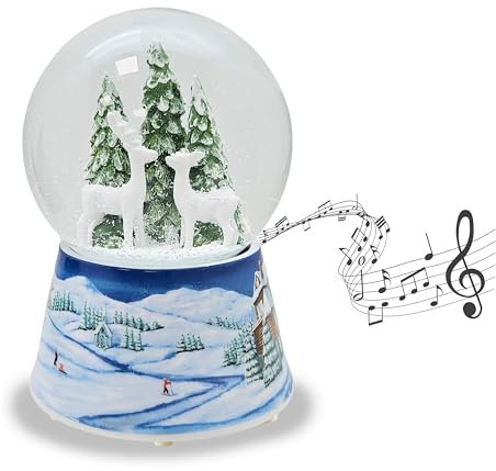 Schneekugel Weihnachten Spieluhr | Zwei Rehe Tannenbaum | Sockel Winterlandschaft | Höhe: 14cm Breite 10 cm | 20288 (2 Rehe Mittelblau)