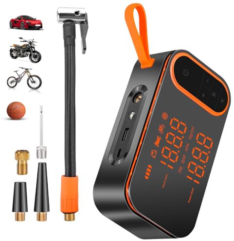 Compressore d'aria senza fili, batteria ricaricabile portatile 150 psi, pompa per pneumatici per auto, elettrica, digitale, USB, con luce LED e 3 adattatori per ugelli per auto, bici, moto, palloni