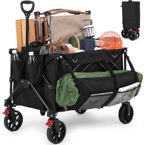 Aptliton Festival Trolley, 200L Folding Trolley Cart, 120kg Heavy Duty Pull Along Wagon with 3 Pockets for Outdoor Camping Beach Garden Picnic and Transport, Black