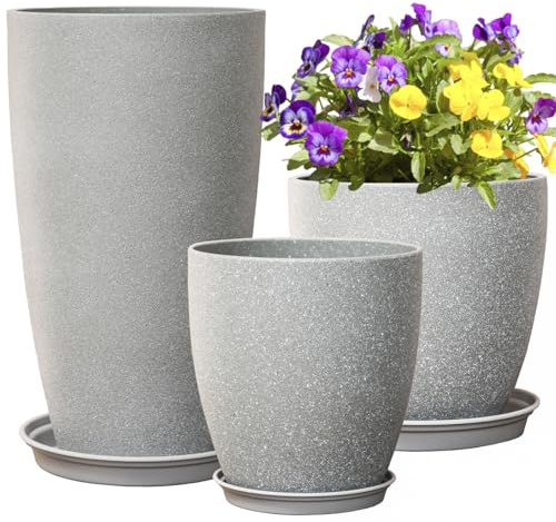 Höga växtkrukor cement grå finish, okrossbar blomkruka med dräneringshål och bricka 38 + 30 + 51 cm H planterare för trädgård uteplats inomhus utomhusväxter modern inredning för höga växter present