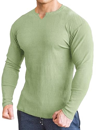 Lehmanlin Långärmad t-shirt för män, smal passform, V-ringning, ledig atletisk topp, stretchig ribbad topp, 01-grön-lång, M