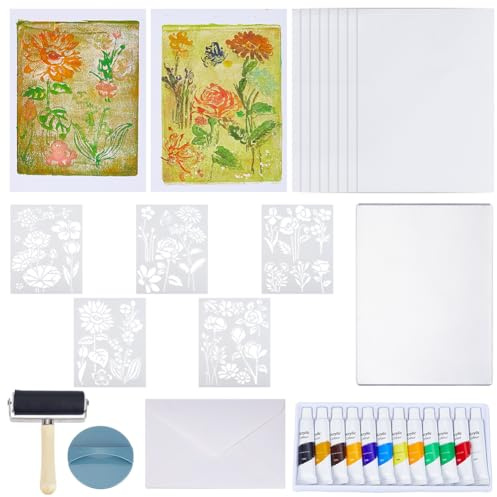 WEBEEDY Kit de placas de impresión de gel para manualidades, diseño de flores, plantas, incluye placa de gelatina reutilizable de 5 x 7 pulgadas, plantillas, pintura acrílica, herramientas esenciales