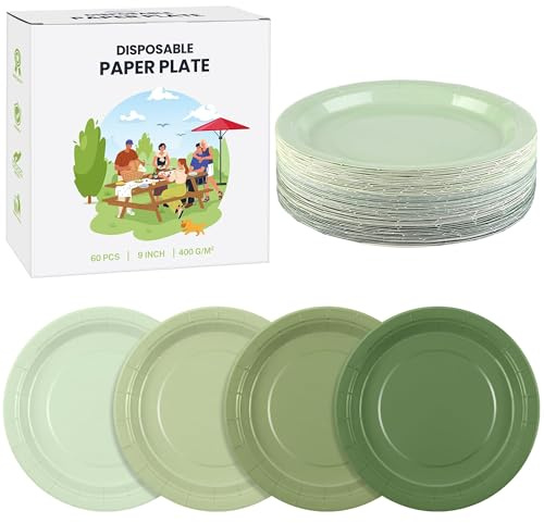 Kochorie 60 Pieces Sage Green Disposable Paper Plates 9 Inch Heavy Duty Dinner Plates, Solid Color, Table Decorations Party Supplies for Birthdays, Weddings, Daily Use