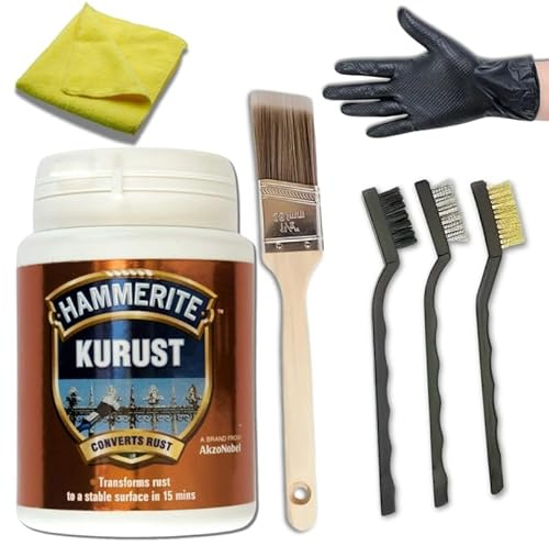Rust Remover for Metal Bundle with 100ml Hammerite Rust Remover Gel, Wire Brush Set, Microfiber Cloth, Gloves & Beaming Paintbrush – Rust Treatment Kit for Cars, Bikes, Tools, Gates, and BBQ