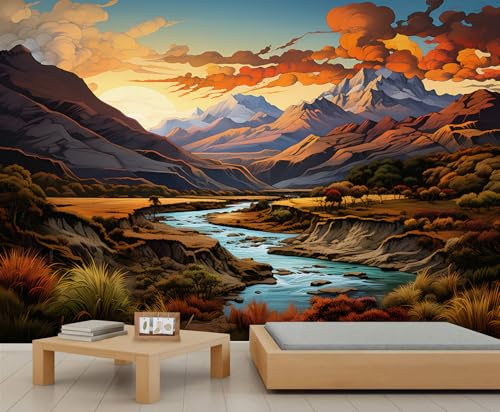 Fantasy Landscape 3D Mural Wallpaper Sunset Mountain River Mural Autumn Nature Wall Murals Colorful Painting Landscape Murals for Bedroom Home Decoration 200 x 140 cm