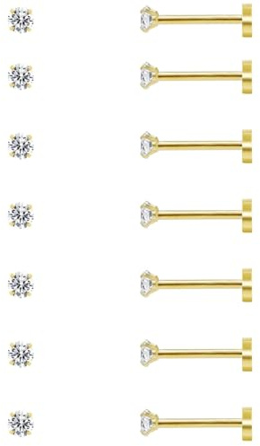 7 Pairs Flat Back Stud Earrings Set for Women Hypoallergenic 14K Gold Plated Surgical Steel 2-8mm Round 5A+ CZ Screw Back Cartilage Earrings Studs Helix Tragus Piercing Jewellery