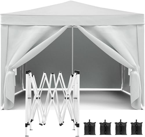 Easy-Up 10'x10' Sun Shade Canopy with 4 Detachable Side Walls, Portable Gazebo Pavilion for Events, Comes with Sandbags & Storage Bag (White)