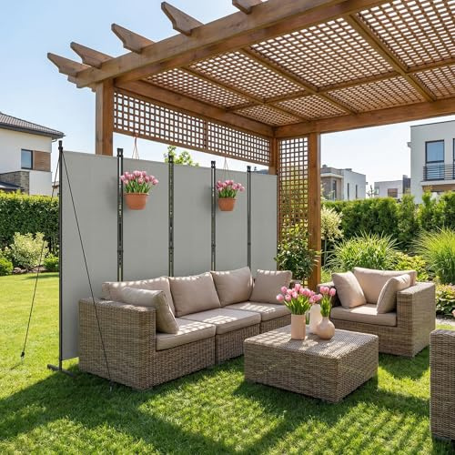 UISEBRT Paravent Outdoor wetterfest mit Heringen und Abspannleinen,Klappbar Freistehend Trennwand ohne Bohren,mobiler sichtschutz für Garten Balkon terrasse,5 Teilig 250 x 180 cm Hellgrau