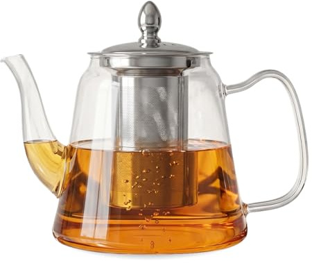 1000 ml Glass Teapot - Clear Glass Teapot with Stainless Steel Infuser, Heat-Resistant Borosilicate Glass Teapot with Extended Spout & Reinforced Handle Stovetop Safe for Loose Tea, Serves 2-5 Cups