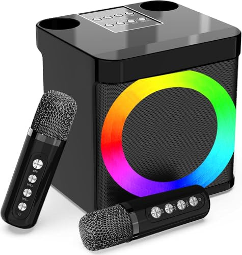 Karaoke 2 Microfonos Inalambricos, Karaoke Profesional Portatil | Altavoz Karaoke Infantil & Adultos, Inalámbricos Mini Karaoke Completo Bluetooth, Efectos de Cambio de Voz y Luces LED
