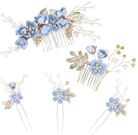 MAIKAOZAI Accessoires de mariage pour femme, lot de 5 épingles à cheveux vintage en forme de fleur avec strass bleus, kit d'épingles à cheveux pour demoiselle d'honneur, bal, soirée