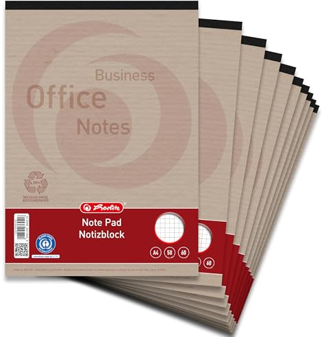 Herlitz Notizblock ohne Deckblatt A4 kariert, Recycling, 50 Blatt, 60 g/m², 10 Stück